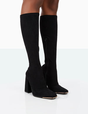 Caryn Black Faux Suede Knee High Block Heeled Boots