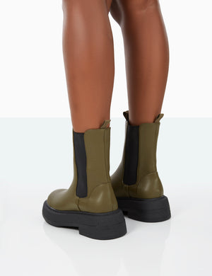 Barbie Dark Khaki Pu Platform Chunky Sole Chelsea Boots