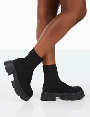 Nola Black Knit Platform Chunky Sole Ankle Boots