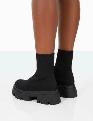 Nola Black Knit Platform Chunky Sole Ankle Boots