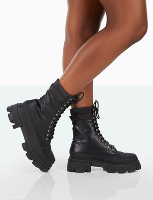 Refresh Black Pu Nylon Lace Up Platform Chunky Sole Ankle Boots