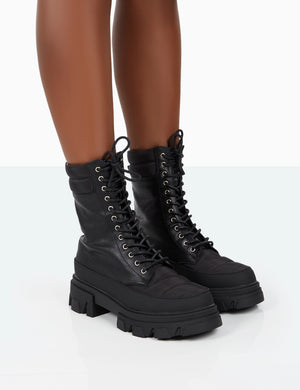 Refresh Black Pu Nylon Lace Up Platform Chunky Sole Ankle Boots
