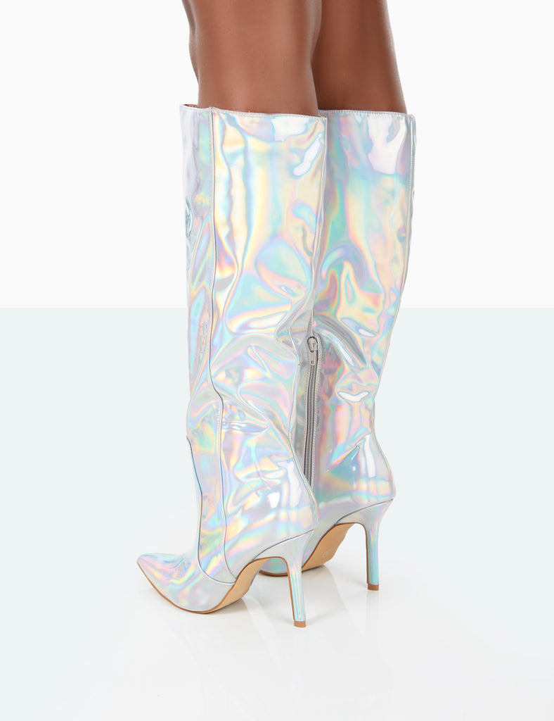 Best Believe Holographic PU Pointed Toe Heeled Knee High Boots Public Desire