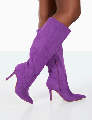 Best Believe Purple Faux Suede Pointed Toe Stiletto Heeled Knee High Boots