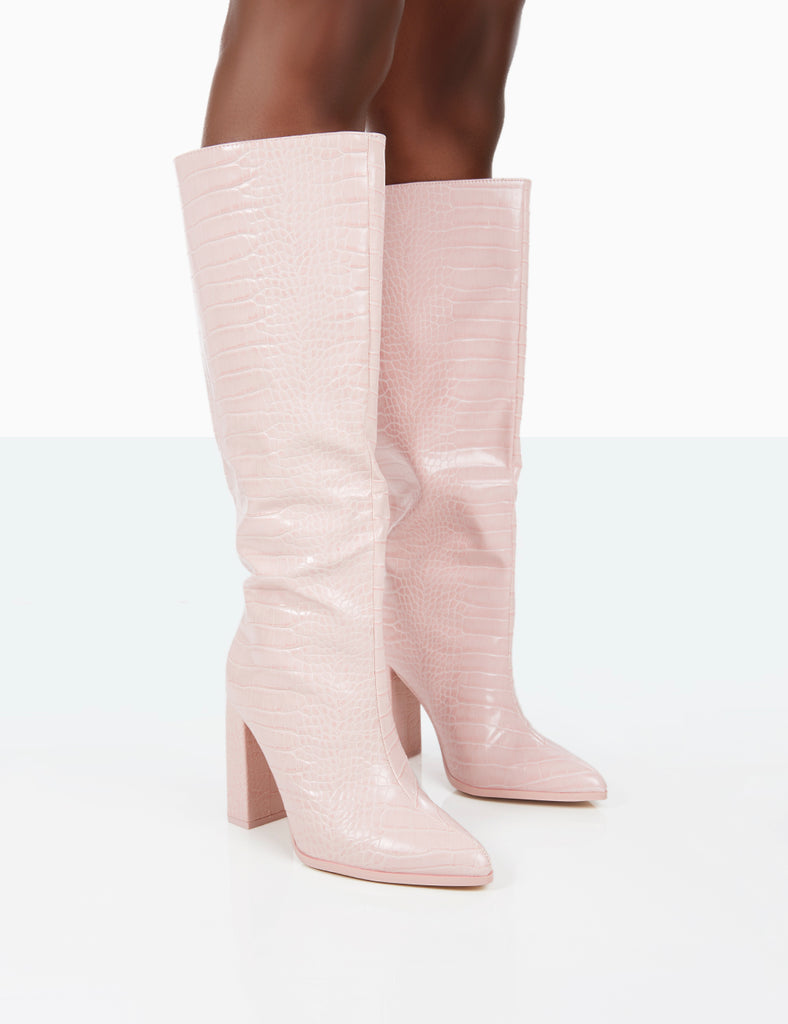 Pale pink knee high clearance boots