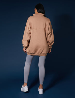 Oversized Half Zip Pullover Sweat Dress Camel