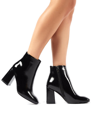 Aimee Black Crinkle Patent Square Toe Block Heeled Ankle Boots