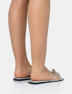 Sundown Silver Mirror Diamante Bow Perspex Flat Square Toe Sandals