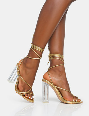 Clara Metallic Gold Pu Strappy Lace Up Round Toe Clear Perspex Heels