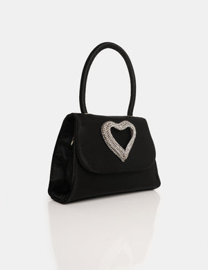 The Heart Black Satin Diamante Heart Mini Bag