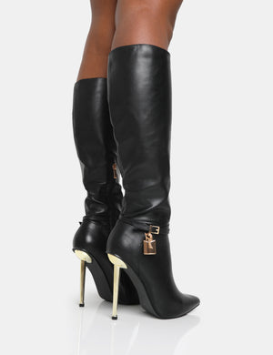 Jayden Black Pu Padlock Detail Pointed Toe Gold Stiletto Heel Knee High Boots