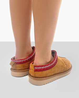 Tamsin Tan Brown Faux Suede Embroidered Slipper Boots Public Desire