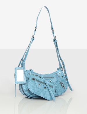 The Trackstar Blue Croc Pu Studded Mirror Zip Detail Handbag
