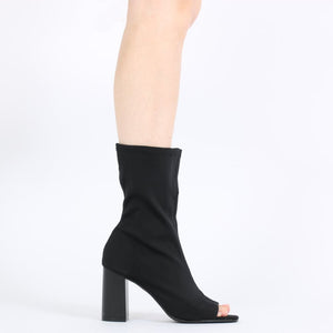 Yasmin Peeptoe Sock Fit Ankle Boots in Black Stretch