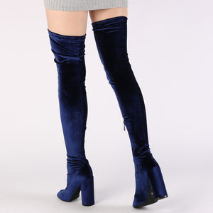 Eve Round Heel Long Boots in Navy Velvet