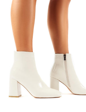 Aimee White Crinkle Patent Square Toe Block Heeled Ankle Boots
