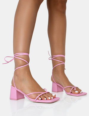 Casey Wide Fit Baby Pink Strappy Lace Up Square Toe Low Block Heel Sandals