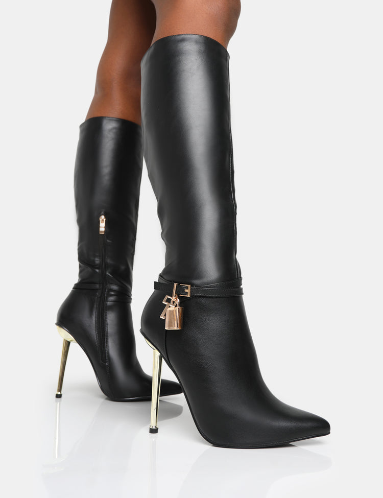 Jayden Black Pu Padlock Detail Pointed Toe Gold Stiletto Heel Knee High ...