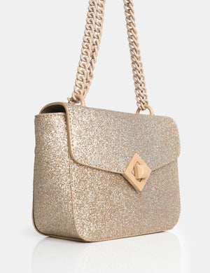 The Pixie Gold Glitter Bag Chain Detail Shoulder Bag