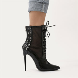 Eshal Lace Up Mesh Detail Pointed Toe Ankle Boots in Black Patent