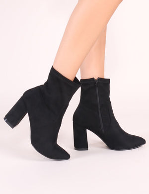 Raya Pointed Toe Ankle Boots in Black Faux Suede