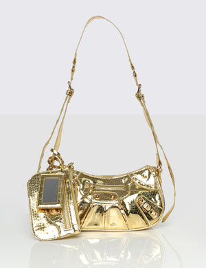 The Trackstar Metallic Gold Croc Pu Studded Mirror Zip Detail Handbag