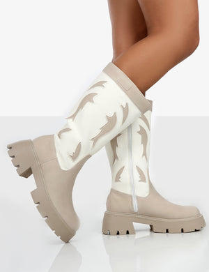 Fly Away Ecru Pu Western Cowboy Platform Chunky Sole Knee High Boots