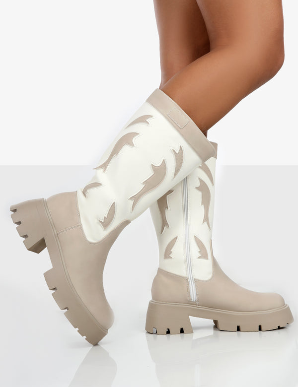 Fly Away Ecru Pu Western Cowboy Platform Chunky Sole Knee High Boots