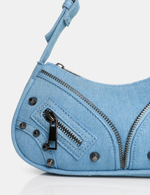 The Candice Zip Detailed Blue Denim Croc Shoulder Bag