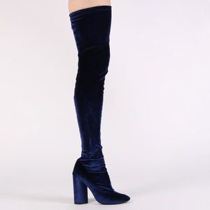 Eve Round Heel Long Boots in Navy Velvet