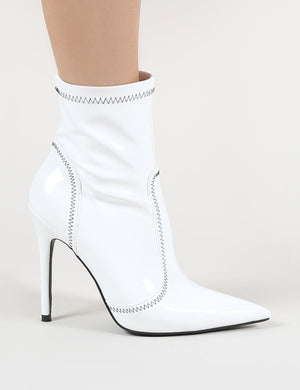 Hotness Sock Fit Ankle Boots in White Patent