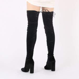 Annie Velvet Over The Knee Boots in Black