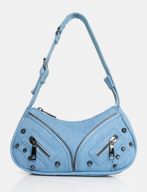 The Candice Zip Detailed Blue Denim Croc Shoulder Bag