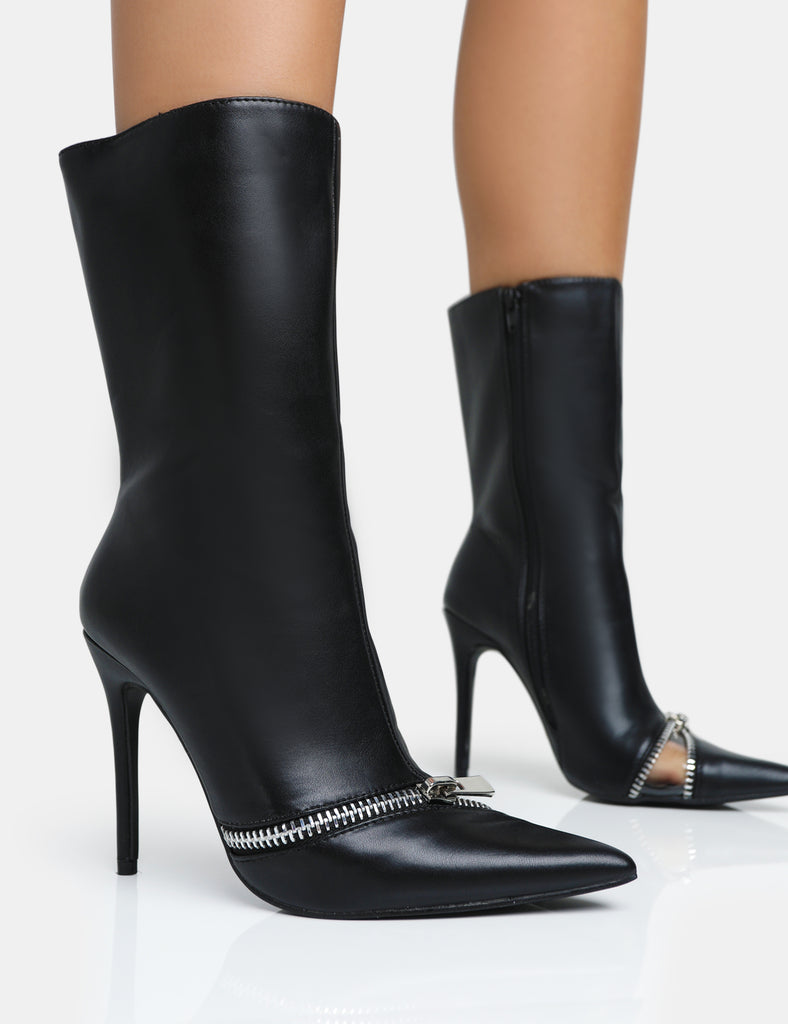 Pitstop Black Pu Zip Detail Pointed Toe Stiletto Heel Ankle Boots ...