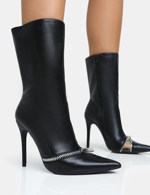 Pitstop Black Pu Zip Detail Pointed Toe Stiletto Heel Ankle Boots