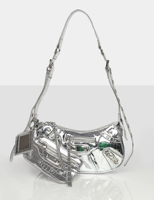 The Trackstar Metallic Silver Croc Studded Mirror Zip Detail Handbag