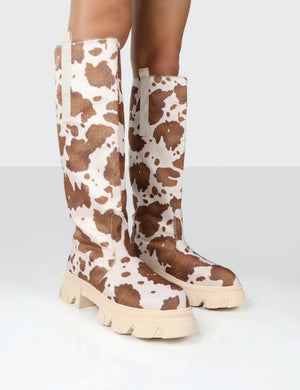 Amber x Public Desire Genius Cow Print Platform Knee High Chunky Sole Boot