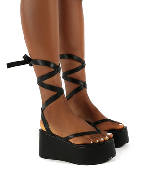 Amber x Public Desire Geisha Black PU Tie Up Thong Strap Flatform Sandals Public Desire