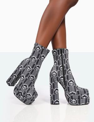 Supreme Black Floral Print Nylon Platform Block Heel Ankle Boots