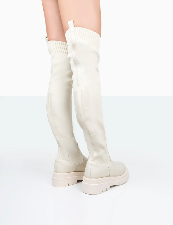 New-Me Ecru Pu and Knit Over The Knee Chunky Sole Sock Fit Boots