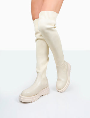 New-Me Ecru Pu and Knit Over The Knee Chunky Sole Sock Fit Boots