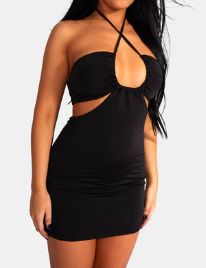 Slinky Loop Ruching Sleeveless Mini Dress Black