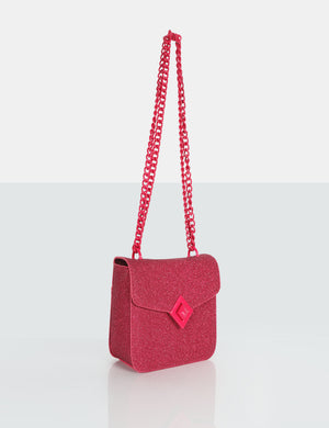 The Pixie Hot Pink Glitter Bag Chain Detail Shoulder Bag