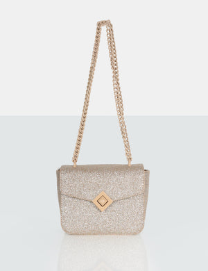 The Pixie Gold Glitter Bag Chain Detail Shoulder Bag