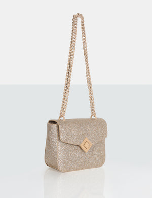 The Pixie Gold Glitter Bag Chain Detail Shoulder Bag