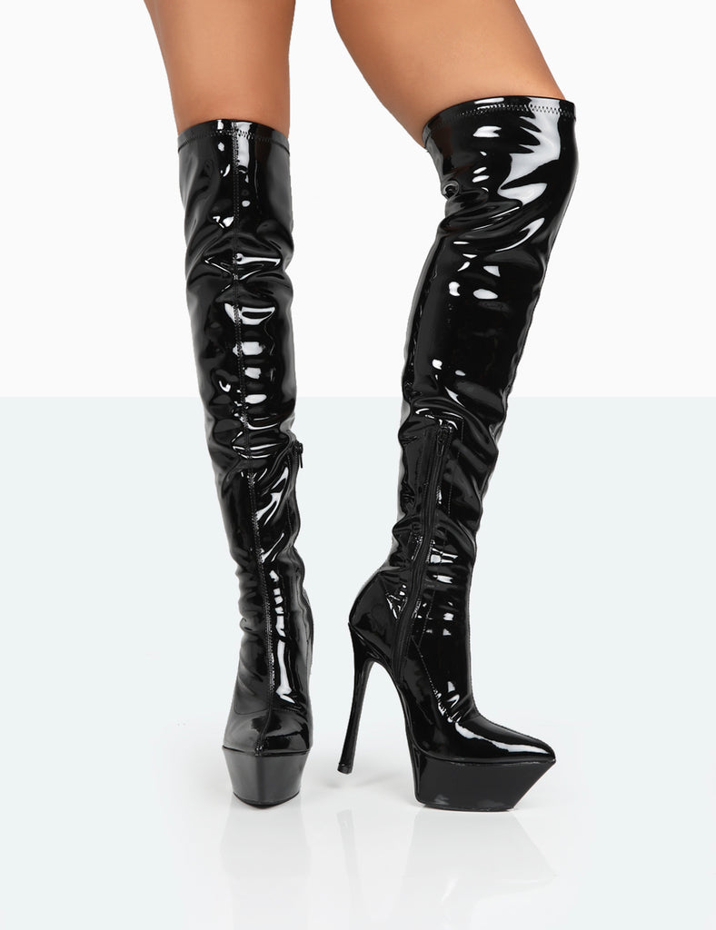 Trixie Black Patent Stiletto Platform Over the Knee Boots | Public Desire