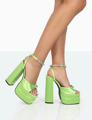 Frozen Lime Satin Sparkly Diamante Strap Open Toe Block Platform Heels