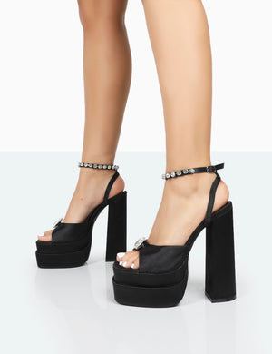 Frozen Black Satin Diamante Strap Open Toe Block Platform Heels