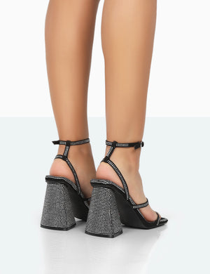 Skye Black Faux Suede Sparkly Diamante Open Toe Block High Heels