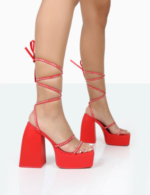 Helena Red Grain Pu Sparkly Diamante Chunky Square Toe Platform Heel Block Heels